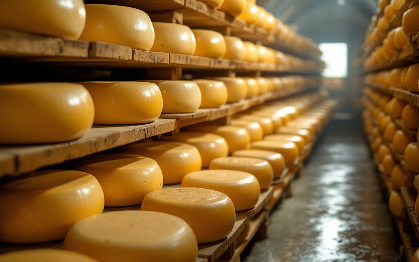 Rows of large round cheeses ageing on wooden boards in a cool stone cellar