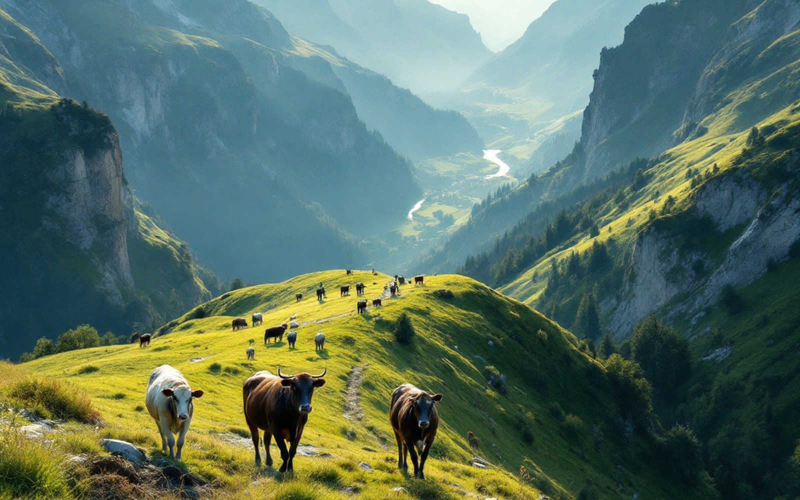 Cattle grazing on a steep green summer pasture high on a mountainside with a deep valley far below